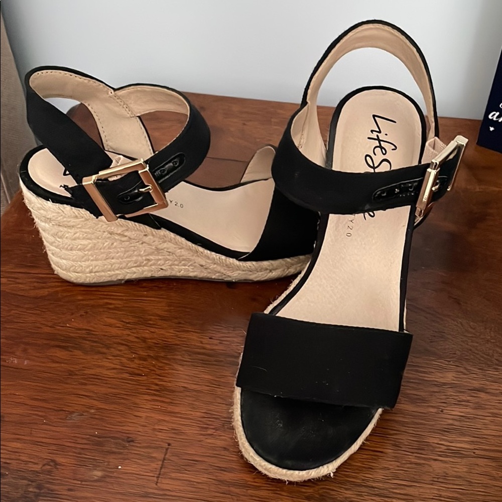 Life Stride Black Wedge Espadrilles with Ankle Strap